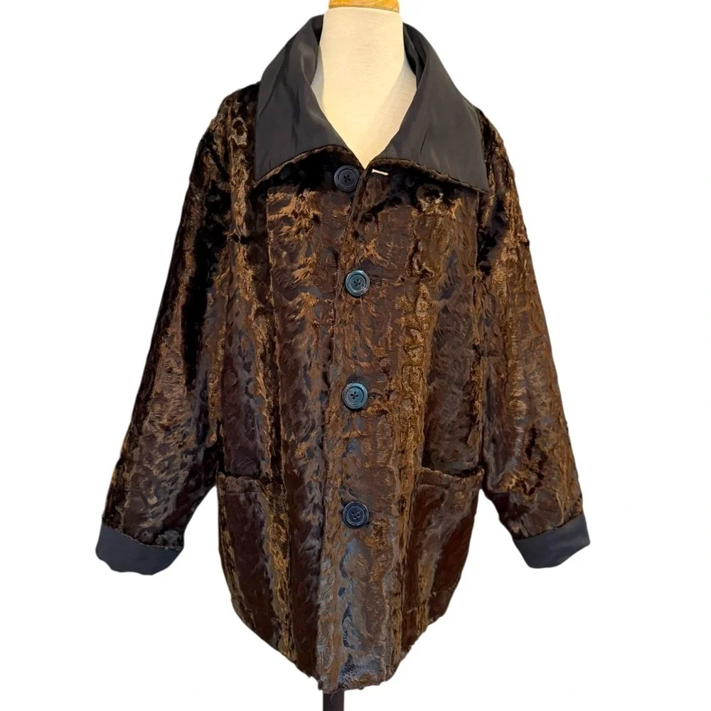 Chicos Reversible Brown Faux Fur Coat Jacket Brown Black Winter Large Chico’s 3 - Picture 1 of 12